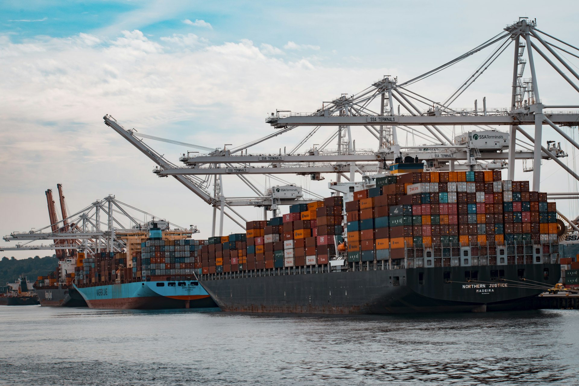 Container ship and port cranes loading international cargo